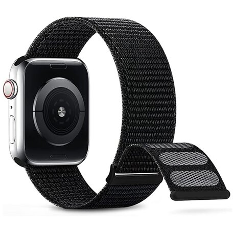 Nylon sport loop band - Zwart - Extra sterke klittenbandsluiting - Geschikt voor Apple Watch 42mm / 44mm / 45mm / 49mm