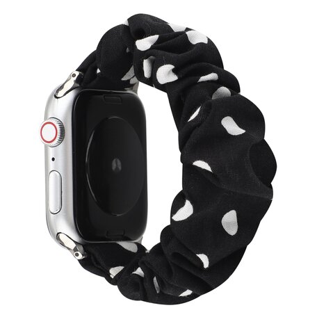 Elastisch scrunchie nylon bandje - Zwart met witte stippen - Geschikt voor Apple Watch 38mm / 40mm / 41mm