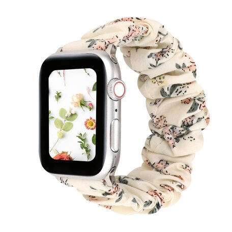 Elastisch scrunchie nylon bandje - Bloemenprint licht - Geschikt voor Apple Watch 38mm / 40mm / 41mm / 42mm