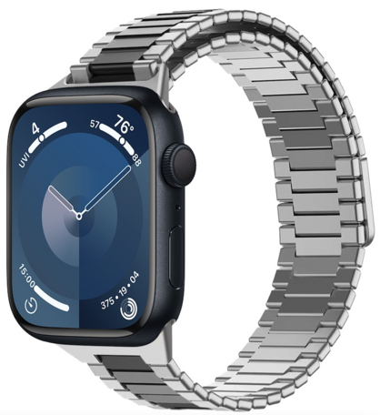 Magnetische stalen band - Zeer sterke magneet - Zilver met zwart - Geschikt voor Apple Watch 42mm / 44mm / 45mm / 46mm / 49mm