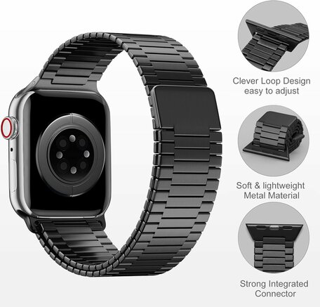 Magnetische stalen band - Zeer sterke magneet - Zwart - Geschikt voor Apple Watch 42mm / 44mm / 45mm / 49mm