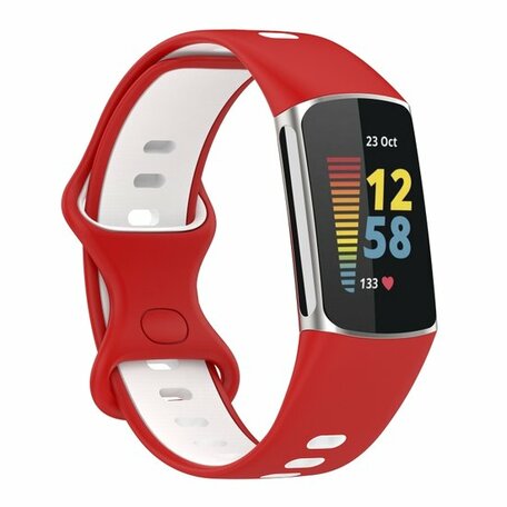 FitBit Charge 5 & 6 Sportbandje met dubbele lus - Rood / wit - Tweekleurig - Maat: L