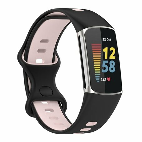 FitBit Charge 5 & 6 Sportbandje met dubbele lus - Zwart / roze - Tweekleurig - Maat: L