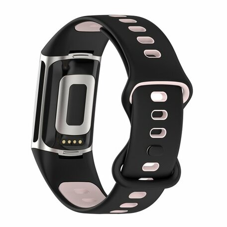 FitBit Charge 5 & 6 Sportbandje met dubbele lus - Zwart / roze - Tweekleurig - Maat: L