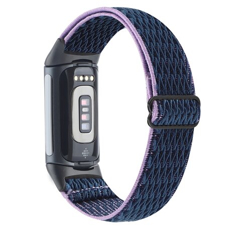 FitBit Charge 5 & 6 Elastische solo loop nylon bandje - Donkerblauw met paars