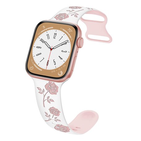 Siliconen bandje met rozen - Wit / roze  - Geschikt voor Apple Watch 42mm / 44mm / 45mm / 46mm / 49mm