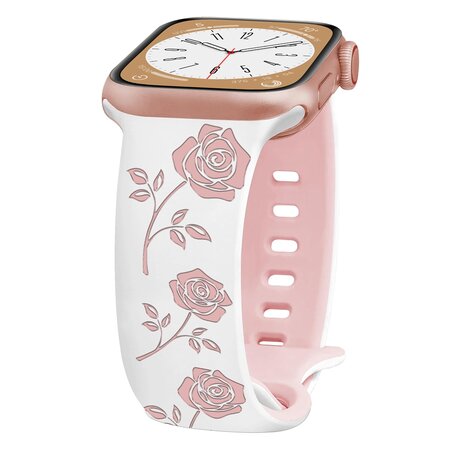 Siliconen bandje met rozen - Wit / roze  - Geschikt voor Apple Watch 42mm / 44mm / 45mm / 46mm / 49mm