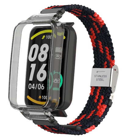 Braided nylon bandje met case - Zwart met rood - Xiaomi Smart band 7 Pro