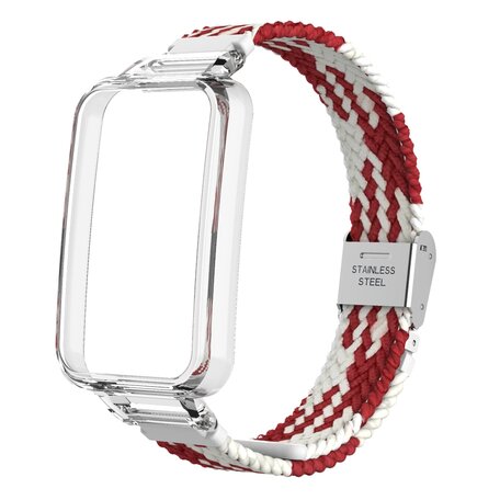 Braided nylon bandje met case - Rood met wit - Xiaomi Smart band 7 Pro