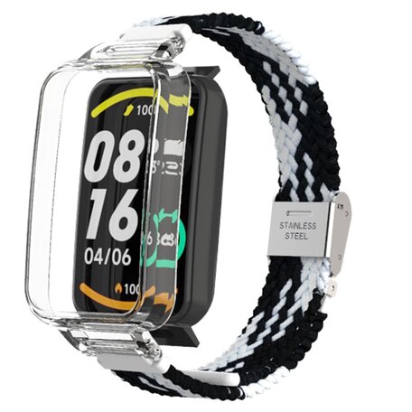 Braided nylon bandje met case - Zwart met wit - Xiaomi Smart band 7 Pro