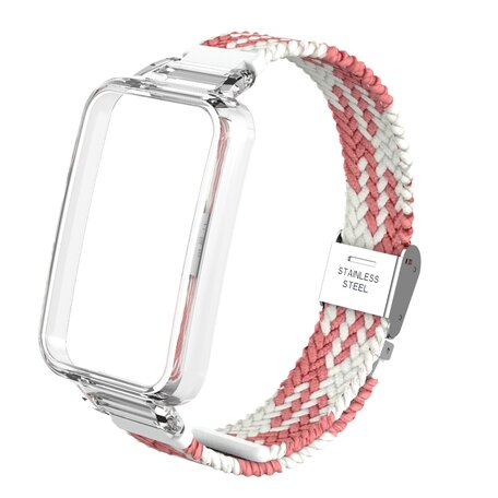 Braided nylon bandje met case - Roze met wit - Xiaomi Smart band 7 Pro