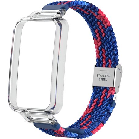 Braided nylon bandje met case - Blauw met rood - Xiaomi Smart band 7 Pro