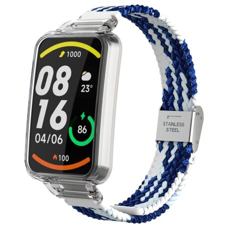 Braided nylon bandje met case - Blauw met wit - Xiaomi Smart band 7 Pro