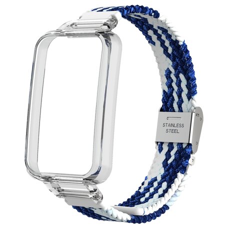 Braided nylon bandje met case - Blauw met wit - Xiaomi Smart band 7 Pro