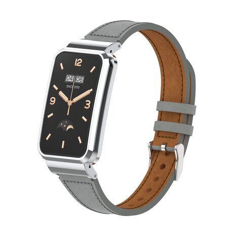 Classic leren bandje met case - Grijs - Xiaomi Smart band 7 Pro