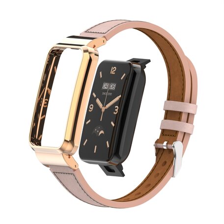 Classic leren bandje met case - Roze - Xiaomi Smart band 7 Pro