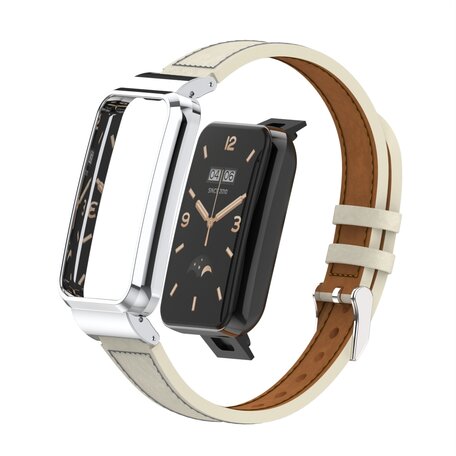 Classic leren bandje met case - Roomwit - Xiaomi Smart band 7 Pro