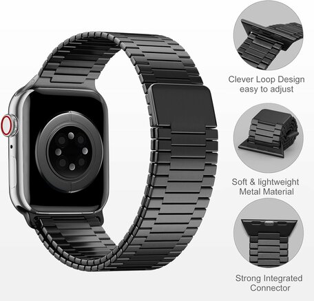 Magnetische stalen band - Zeer sterke magneet - Zwart - Geschikt voor Apple Watch 44mm / 45mm / 46mm / 49mm