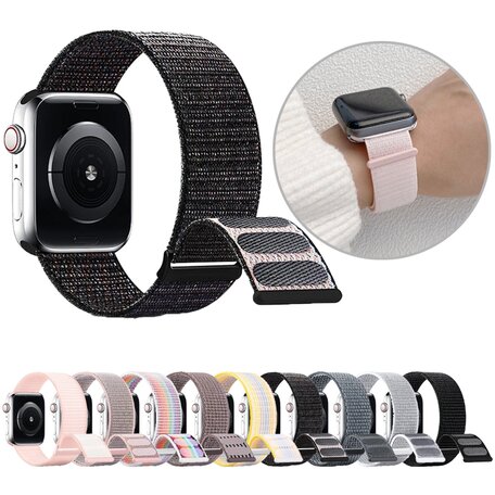 Nylon sport loop band - Zwart gemêleerd - Extra sterke klittenbandsluiting - Geschikt voor Apple Watch 38mm / 40mm / 41mm / 42mm