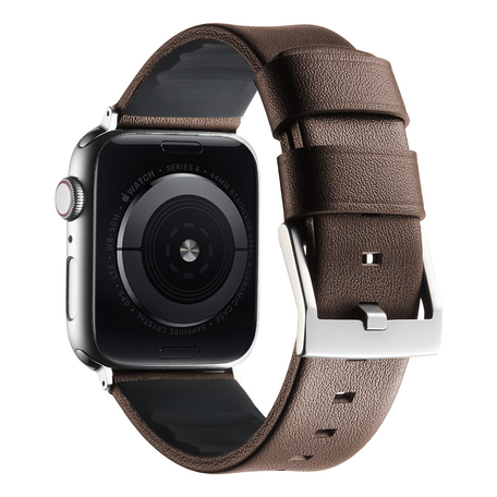 Leer + siliconen band - Bruin + zilveren aansluiting en gesp - Geschikt voor Apple Watch 44mm / 45mm / 46mm / 49mm