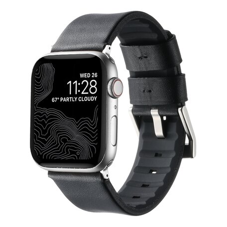 Leer + siliconen band - Zwart + zilveren aansluiting en gesp - Geschikt voor Apple Watch 44mm / 45mm / 46mm / 49mm