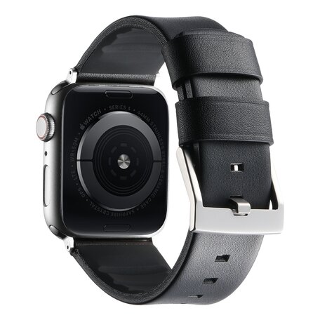 Leer + siliconen band - Zwart + zilveren aansluiting en gesp - Geschikt voor Apple Watch 44mm / 45mm / 46mm / 49mm