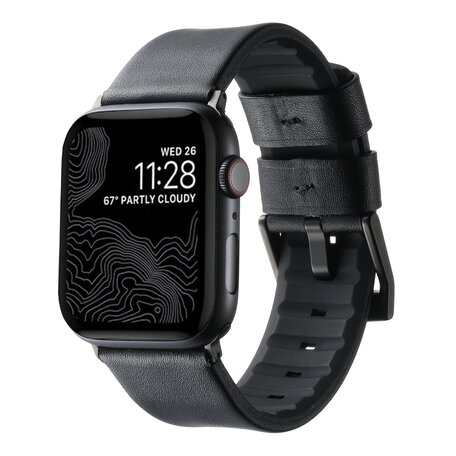 Leer + siliconen band - Zwart + zwarte aansluiting en gesp - Geschikt voor Apple Watch 44mm / 45mm / 46mm / 49mm