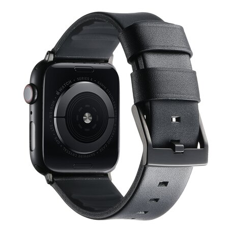 Leer + siliconen band - Zwart + zwarte aansluiting en gesp - Geschikt voor Apple Watch 44mm / 45mm / 46mm / 49mm