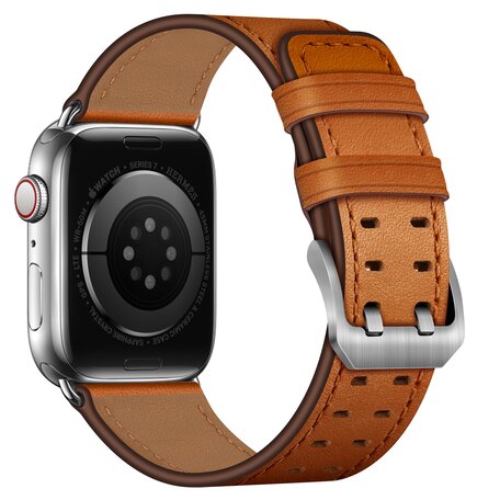 Leren band met twin gesp - Lichtbruin met zilveren gesp - Geschikt voor Apple Watch 38mm / 40mm / 41mm / 42mm