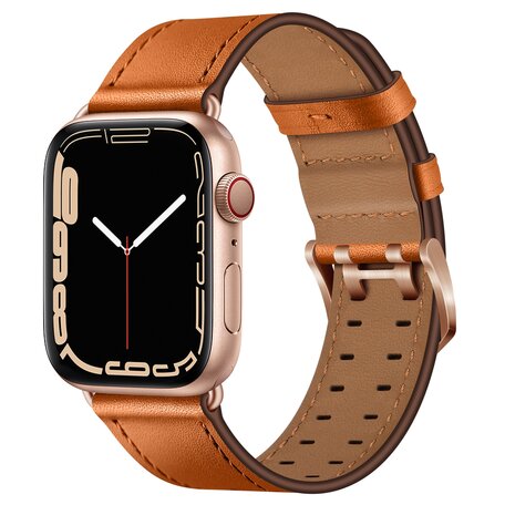 Leren band met twin gesp - Lichtbruin met rosé gesp - Geschikt voor Apple Watch 38mm / 40mm / 41mm / 42mm