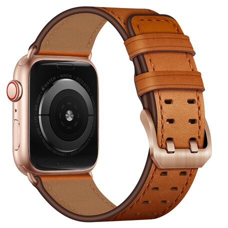 Leren band met twin gesp - Lichtbruin met rosé gesp - Geschikt voor Apple Watch 38mm / 40mm / 41mm / 42mm