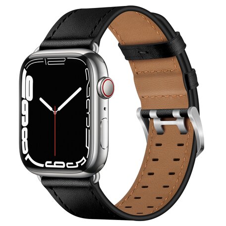 Leren band met twin gesp - Zwart met zilveren gesp - Geschikt voor Apple Watch 38mm / 40mm / 41mm / 42mm