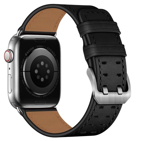 Leren band met twin gesp - Zwart met zilveren gesp - Geschikt voor Apple Watch 38mm / 40mm / 41mm / 42mm