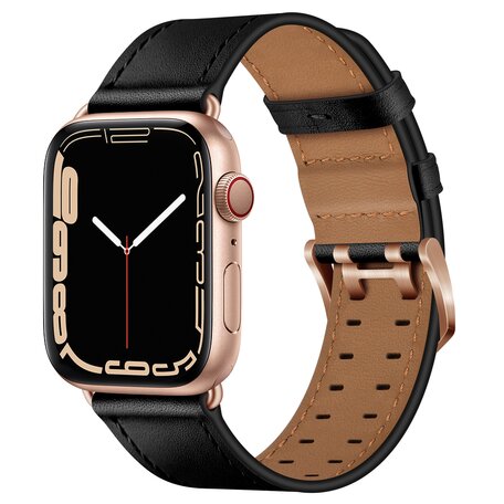 Leren band met twin gesp - Zwart met rosé gesp - Geschikt voor Apple Watch 38mm / 40mm / 41mm / 42mm