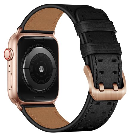 Leren band met twin gesp - Zwart met rosé gesp - Geschikt voor Apple Watch 38mm / 40mm / 41mm / 42mm