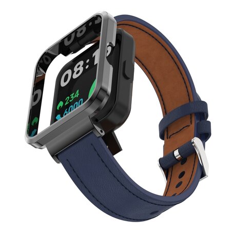 Leren band met case - Donkerblauw - Xiaomi Redmi Watch 2 (Lite)